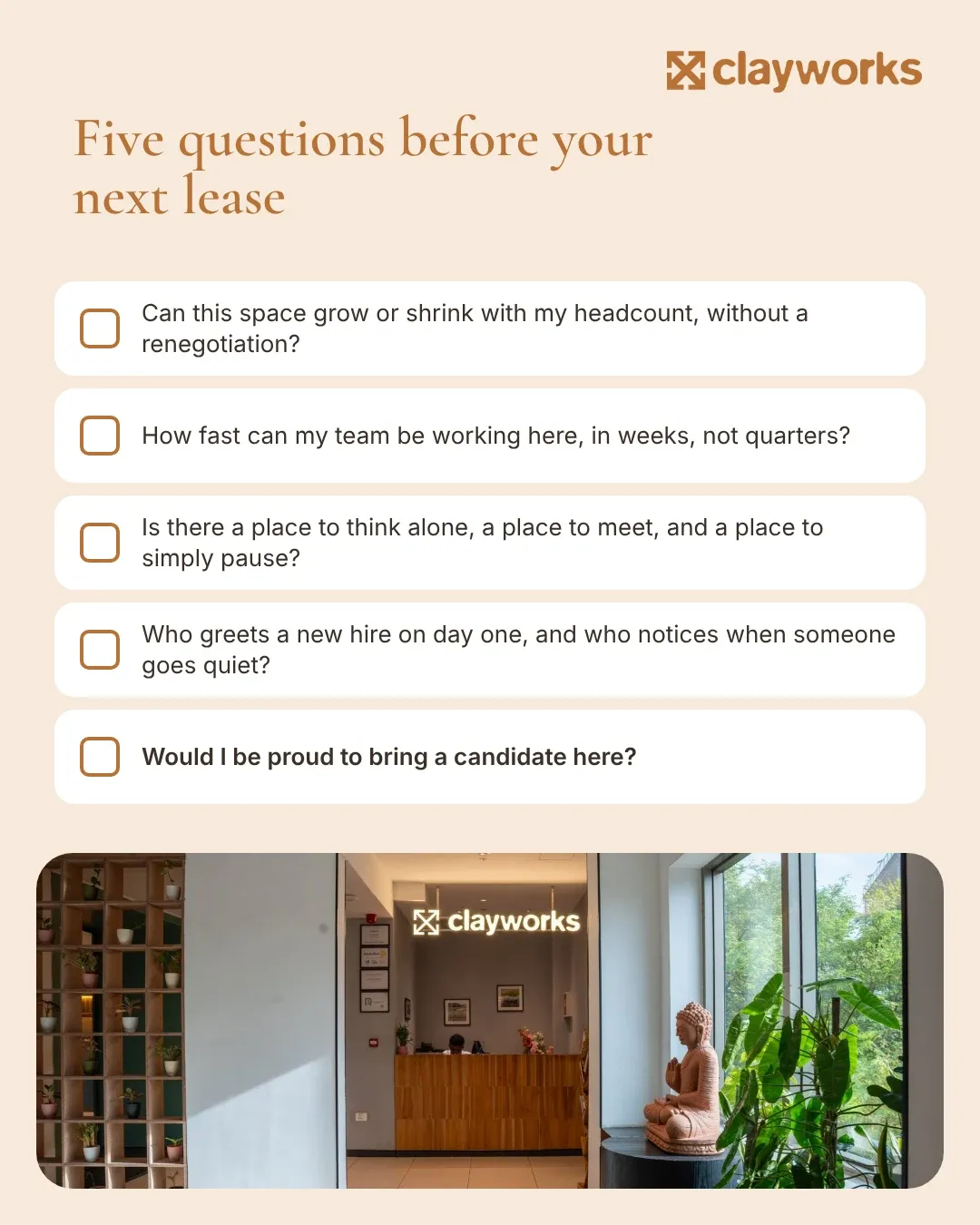 Checklist: five questions before your next lease, with the Clayworks reception