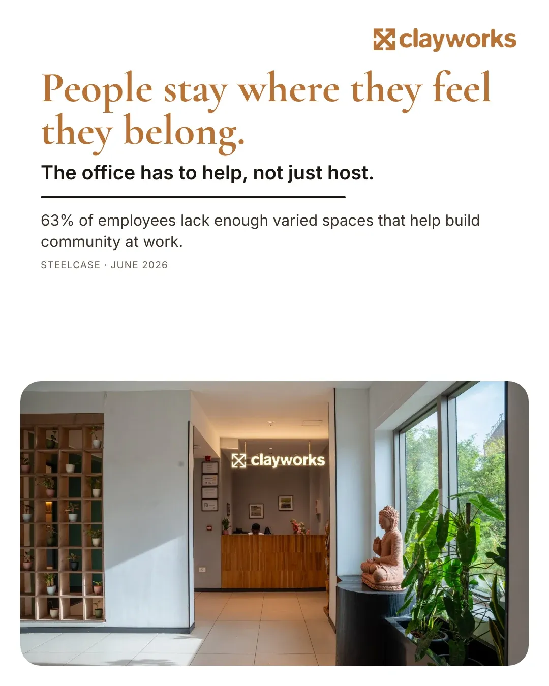 People stay where they feel they belong: 63% of employees lack enough varied spaces that help build community at work (Steelcase, June 2026)